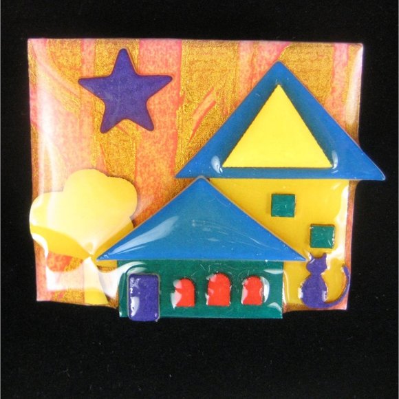 Lucinda House Pins Brooch 2.2 inch Pin Cat Jewelry Homes Star Tree Kitty Cat - Picture 4 of 4